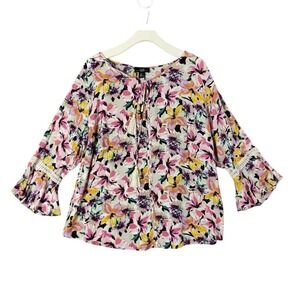 AGB Women Boho Cottage Peasant Romantic Top 2X Pink Floral Bell Sleeve Blouse